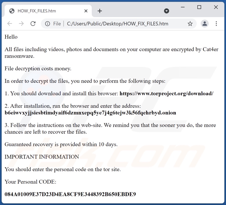 Cat4er ransomware message demandant une rançon (HOW_FIX_FILES.htm)