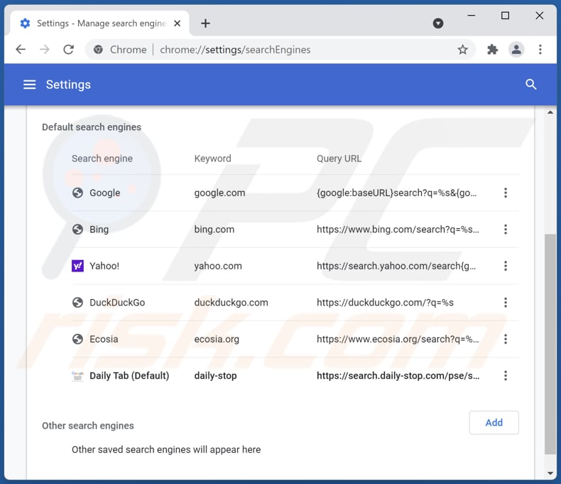 Suppression de search.daily-stop.com du moteur de recherche par défaut de Google Chrome