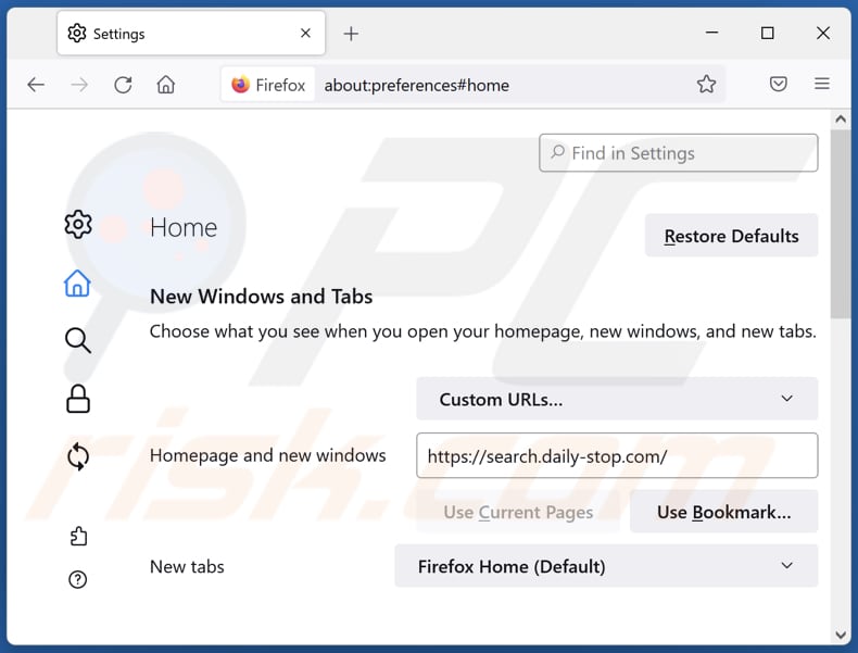Suppression de search.daily-stop.com de la page d'accueil de Mozilla Firefox