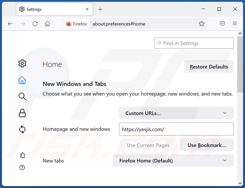 Suppression de yesjis.com de la page d'accueil de Mozilla Firefox