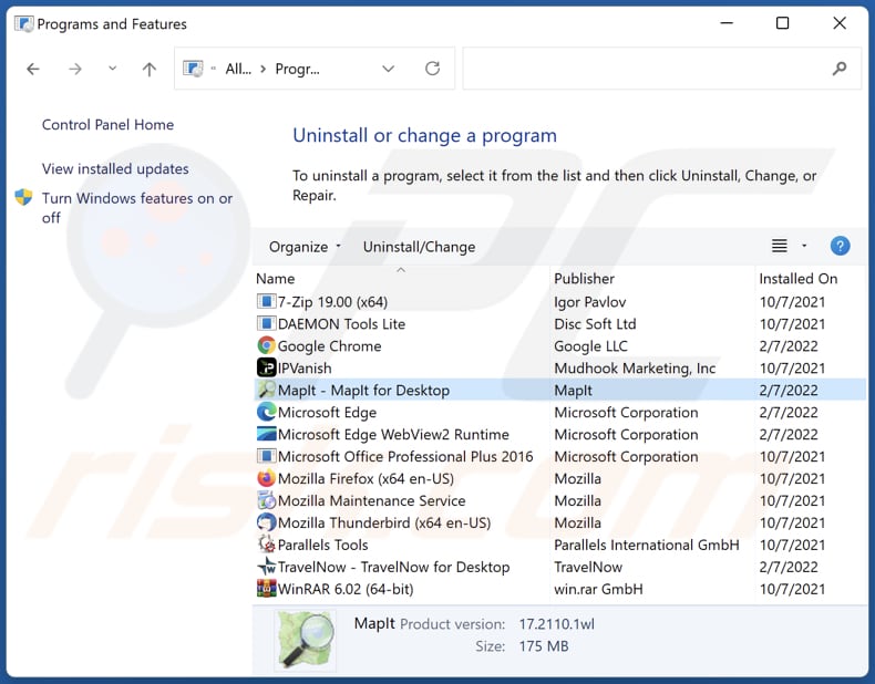 MapIt adware uninstall via Control Panel