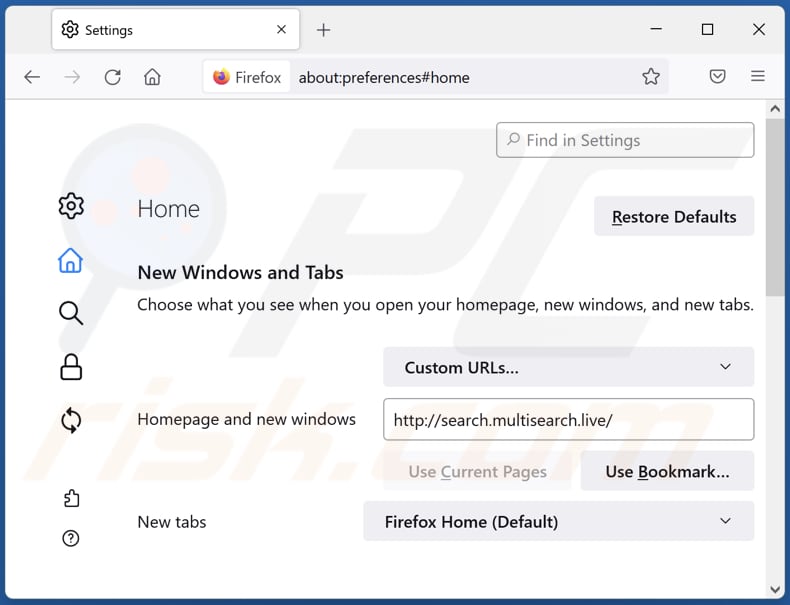 Suppression de search.multisearch.live de la page d'accueil de Mozilla Firefox