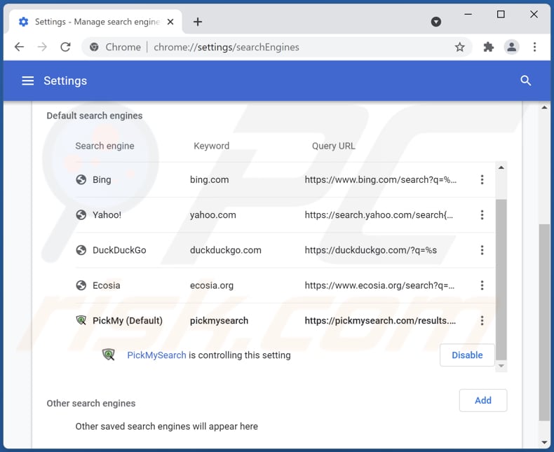 Suppression de pickmysearch.com du moteur de recherche par défaut de Google Chrome