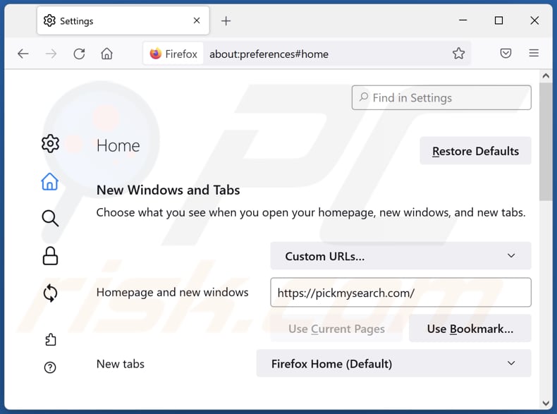 Suppression de pickmysearch.com de la page d'accueil de Mozilla Firefox