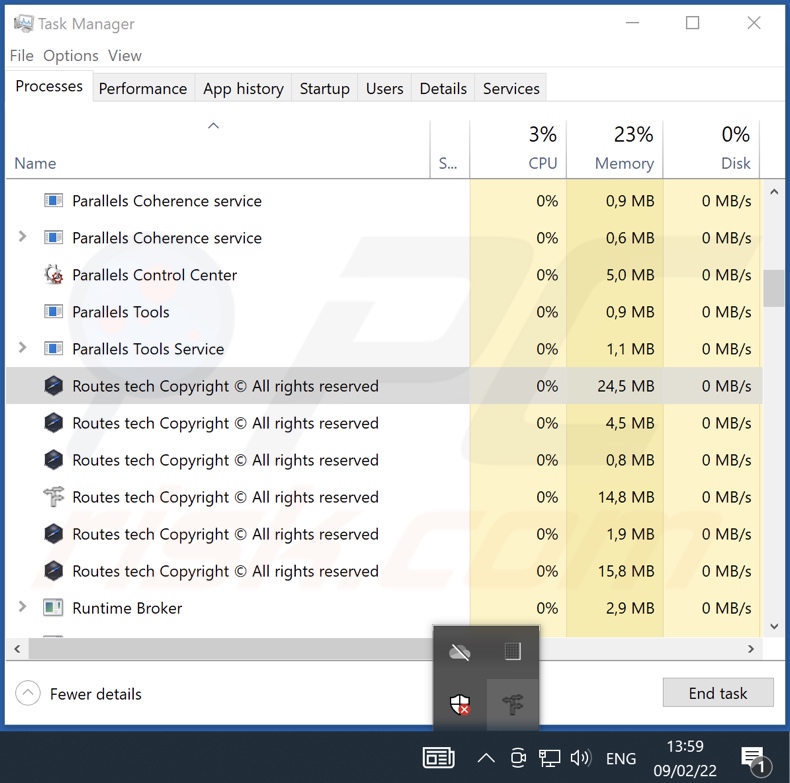 Routes adware process on Task Manager (Routes tech Copyright © Tous droits réservés)