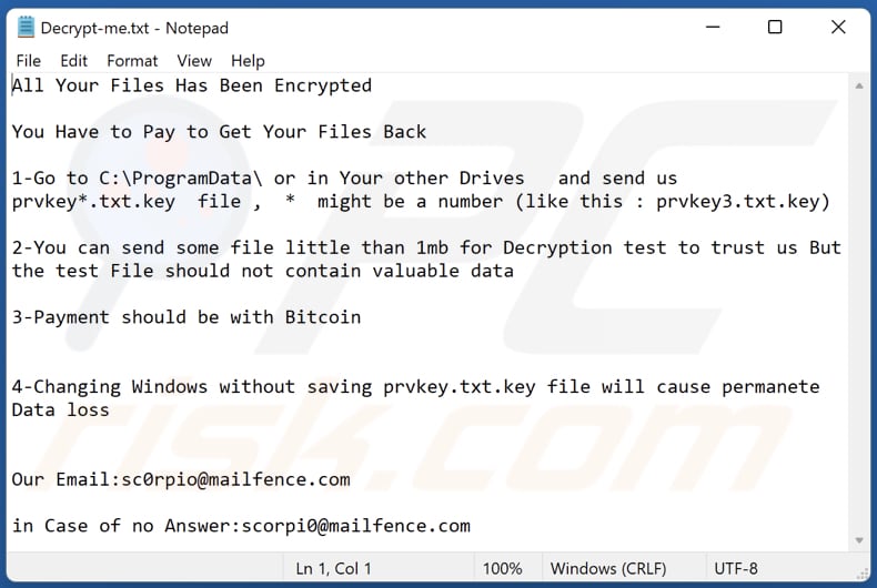 Fichier texte du rançongiciel Scorp (Decrypt-me.txt)