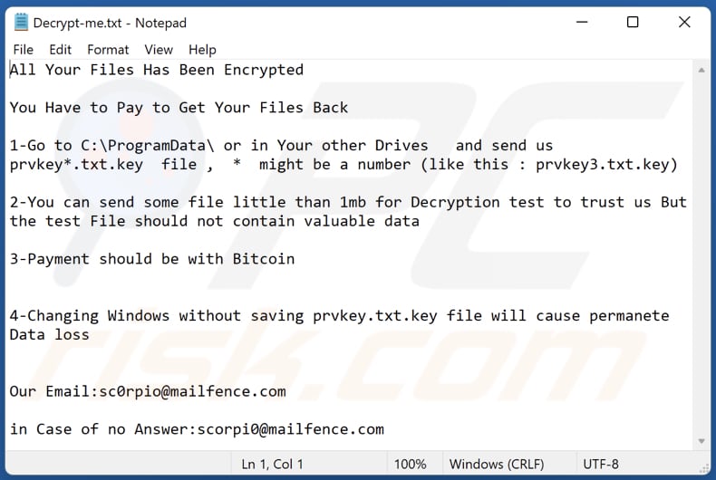 Fichier texte du rançongiciel Scorp (Decrypt-me.txt)