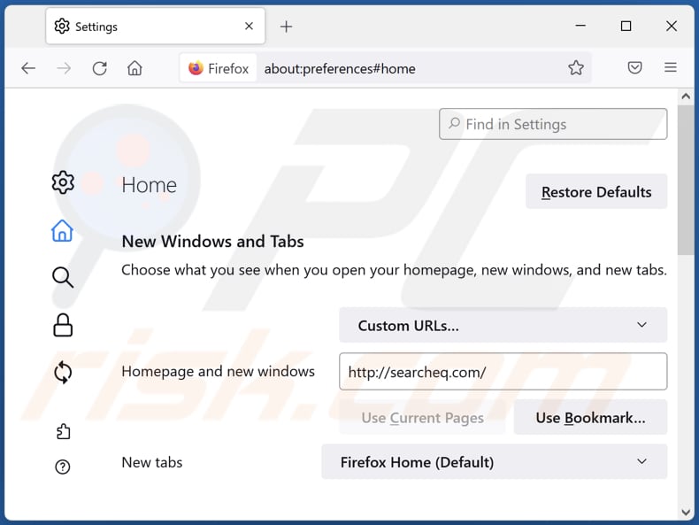 Suppression de searcheq.com de la page d'accueil de Mozilla Firefox