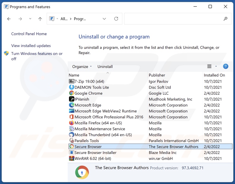 Désinstallation du logiciel publicitaire Secure Browser via le Panneau de configuration