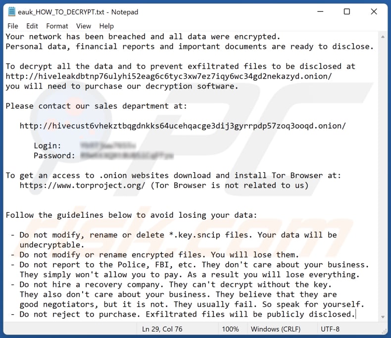 Fichier texte du rançongiciel Sncip (eauk_HOW_TO_DECRYPT.txt)