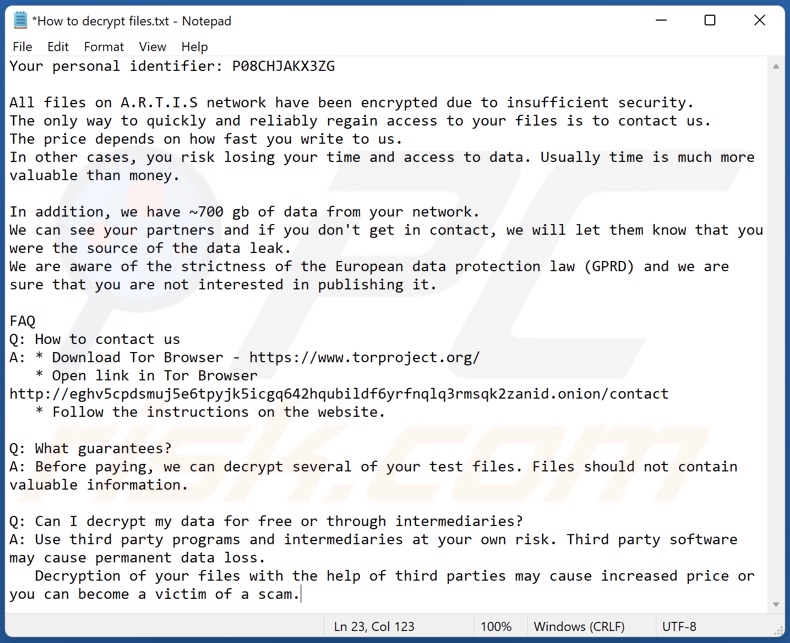 Message demandant une rançon du rançongiciel TargetCompany (artiis) (Comment décrypter files.txt)