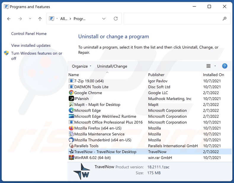 Désinstallation du logiciel publicitaire TravelNow via le panneau de configuration