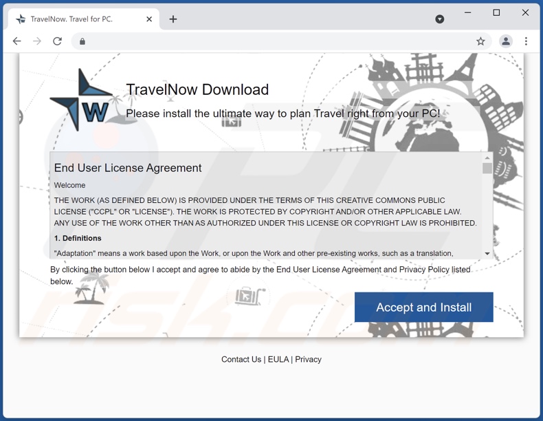 Site faisant la promotion du logiciel publicitaire TravelNow
