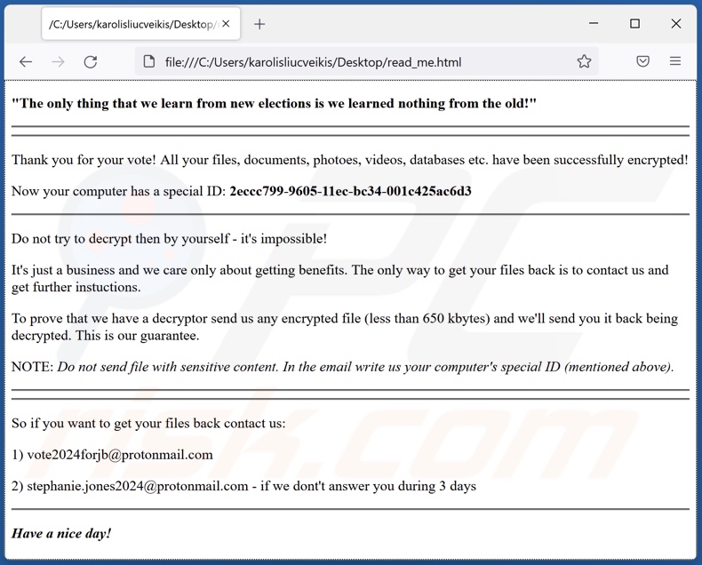 Message demandant une rançon du rançongiciel Vote2024 (read_me.html)