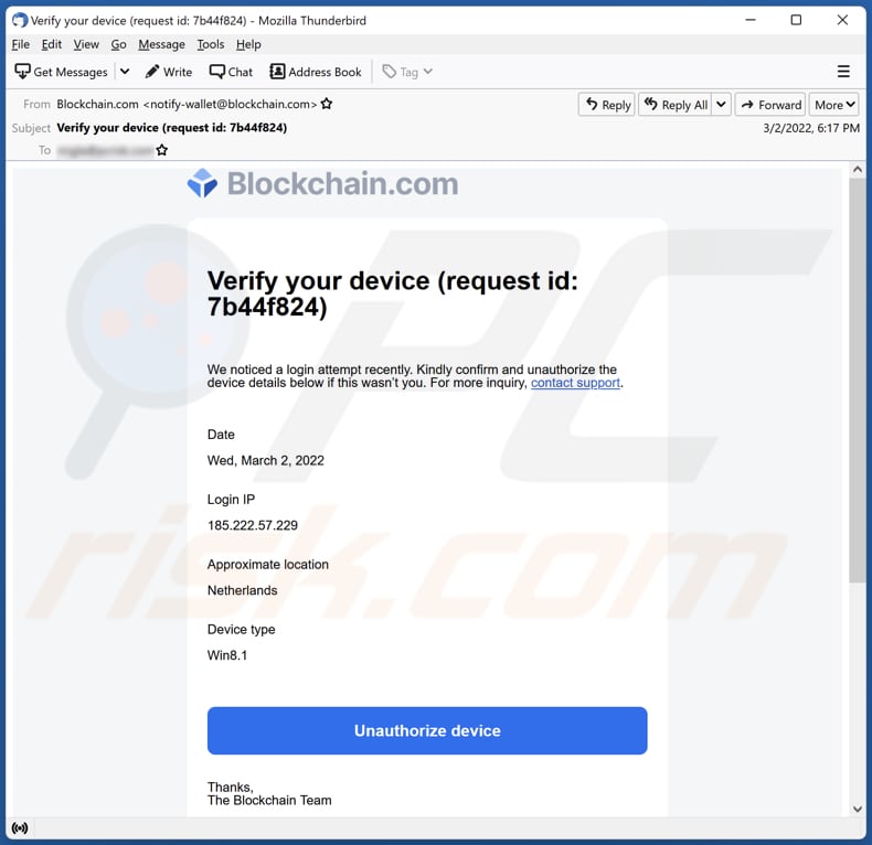 Escroquerie par e-mail Blockchain.com