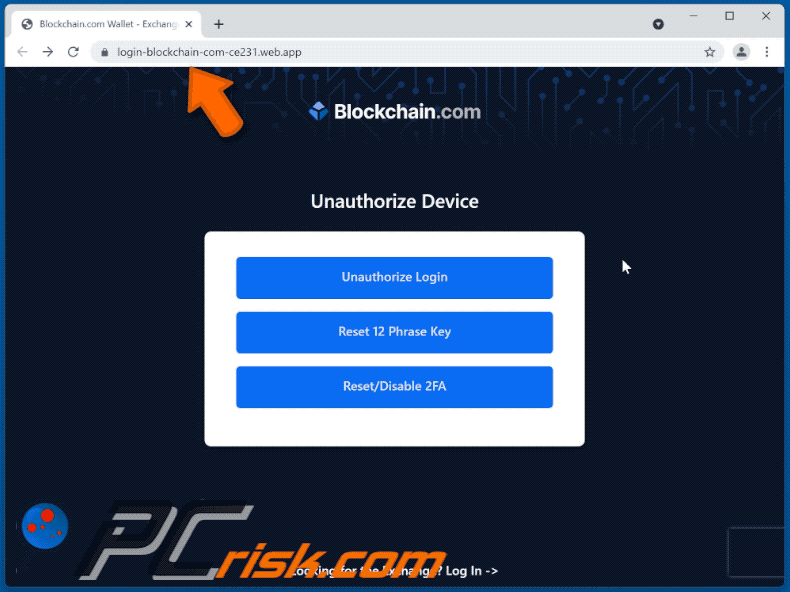 blockchain.com escroquerie par e-mail apparence de site Web de phishing