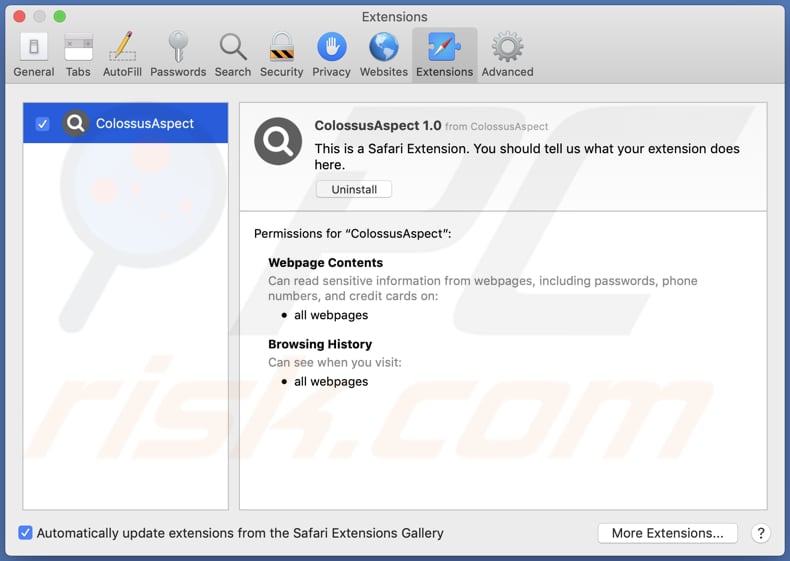 adware colossusaspect installé sur safari