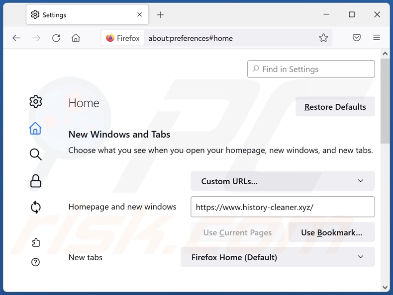 Suppression de history-cleaner.xyz de la page d'accueil de Mozilla Firefox