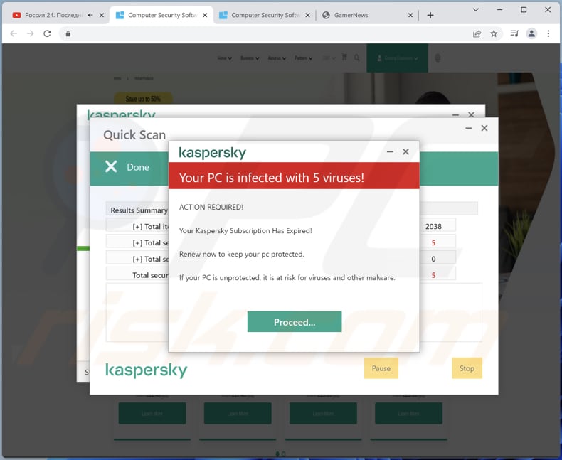 Kaspersky - Votre PC est infecté par 5 virus !  escroquer