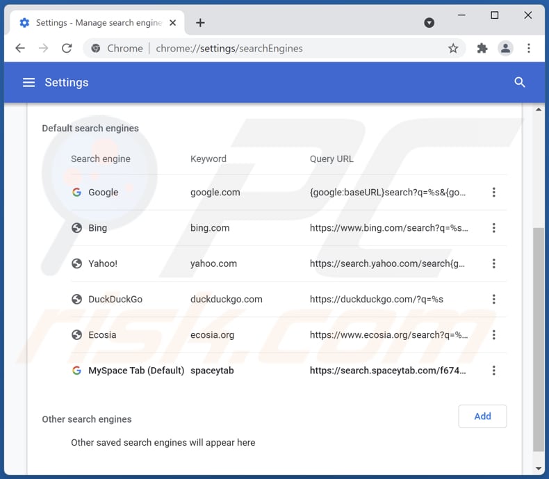 Suppression de search.spaceytab.com du moteur de recherche par défaut de Google Chrome