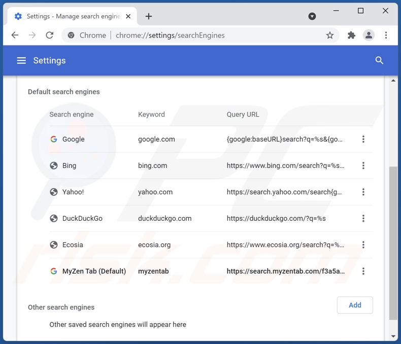 Suppression de search.myzentab.com du moteur de recherche par défaut de Google Chrome