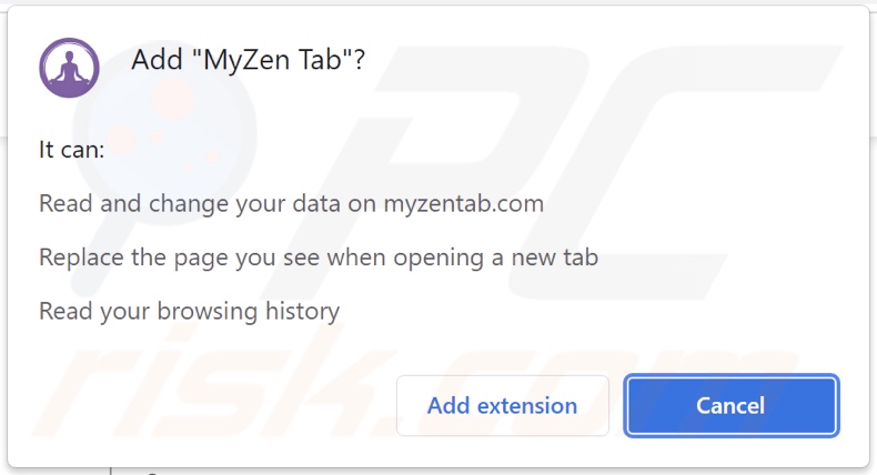 Pirate de navigateur MyZen Tab demandant des autorisations