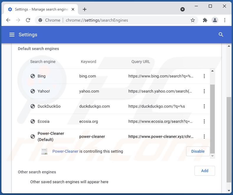 Suppression de power-cleaner.xyz du moteur de recherche par défaut de Google Chrome