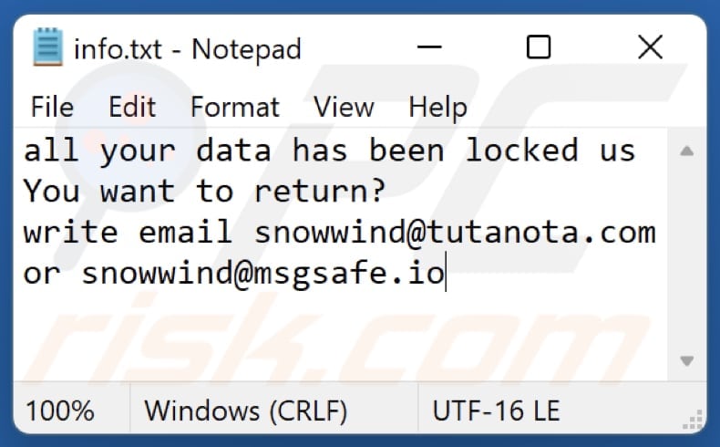 Fichier texte du rançongiciel Snwd (info.txt)