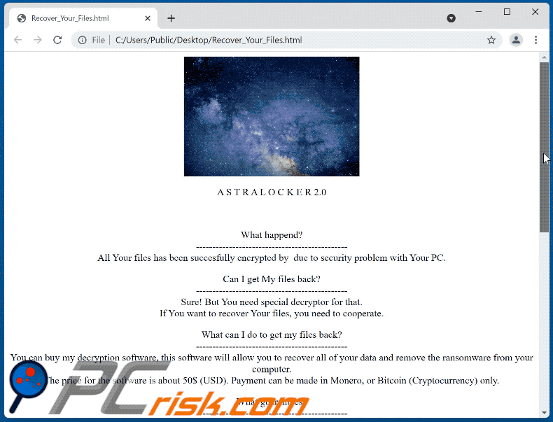 Fichier Recover_Your_Files.html du logiciel de rançon AstraLocker 2.0