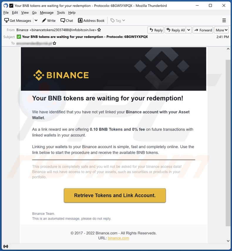 Campagne d'escroquerie par e-mail Binance