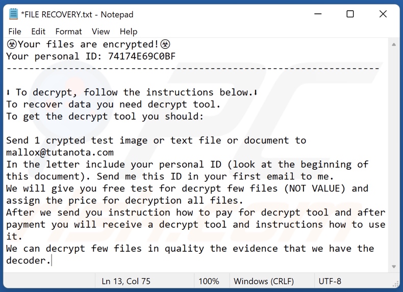 Bozon ransomware message demandant une rançon (FILE RECOVERY.txt)