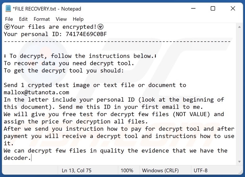 Bozon ransomware message demandant une rançon (FILE RECOVERY.txt)