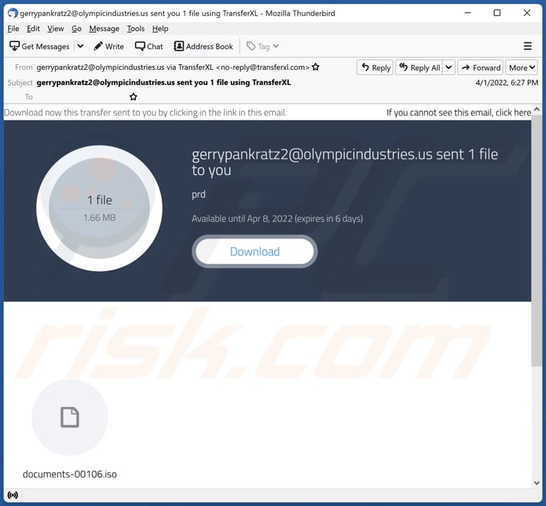 E-mail malveillant distribuant le malware Bumblebee