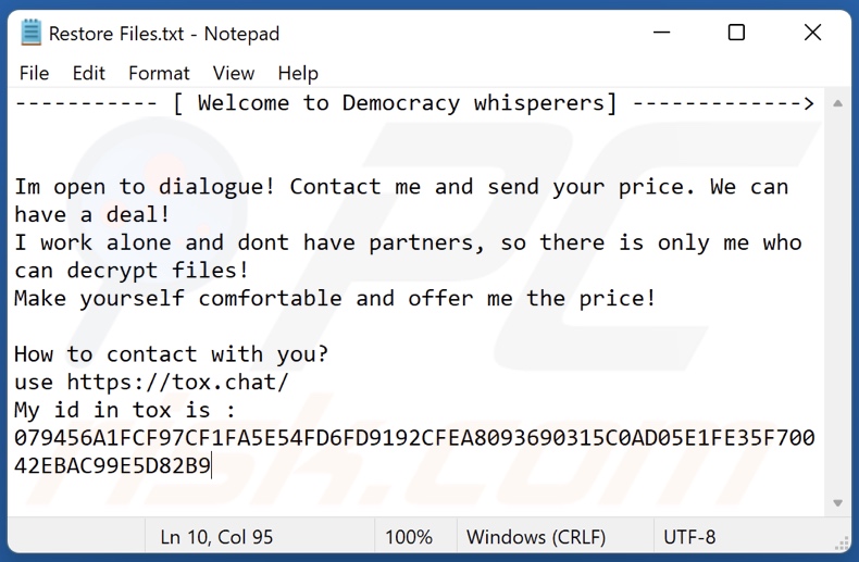 Democracy Whisperers ransomware message demandant une rançon (Restore Files.txt)