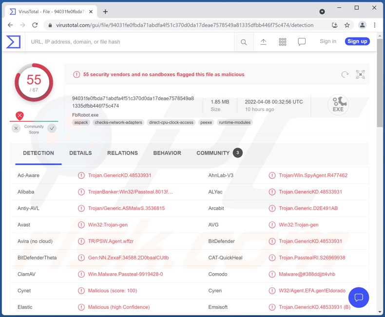 Détections de logiciels malveillants FFDroider sur VirusTotal