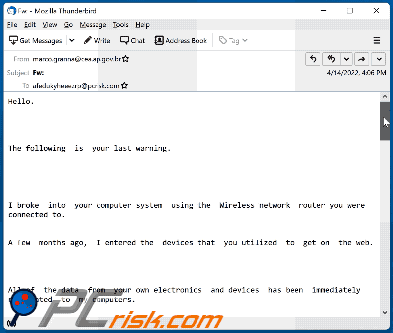 J'ai pénétré par effraction dans votre système informatique à l'aide de l'apparence d'e-mail frauduleux du routeur de réseau sans fil (GIF)
