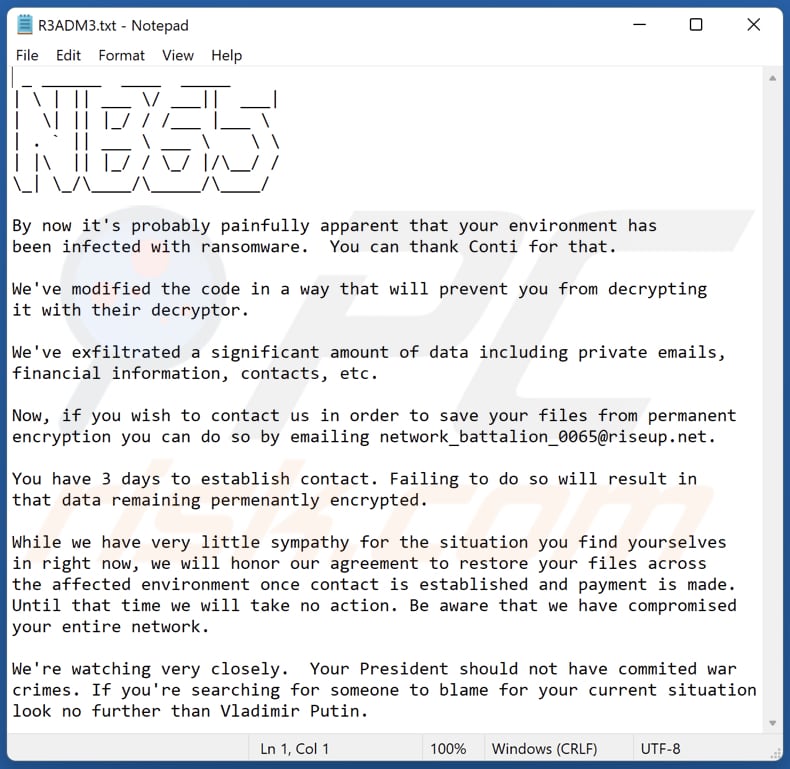 Fichier texte du rançongiciel NB65 (R3ADM3.txt)