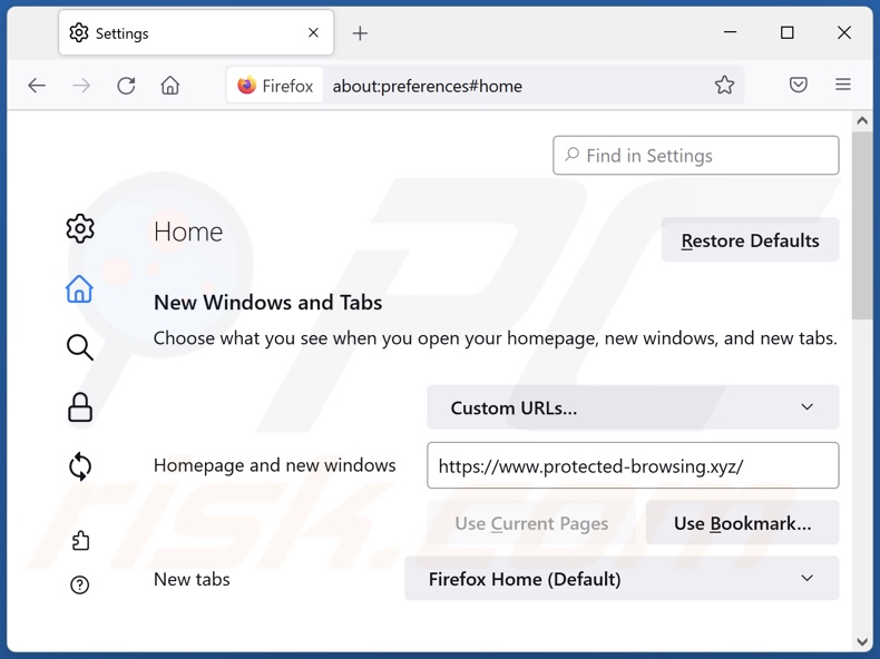 Suppression de protected-browsing.xyz de la page d'accueil de Mozilla Firefox
