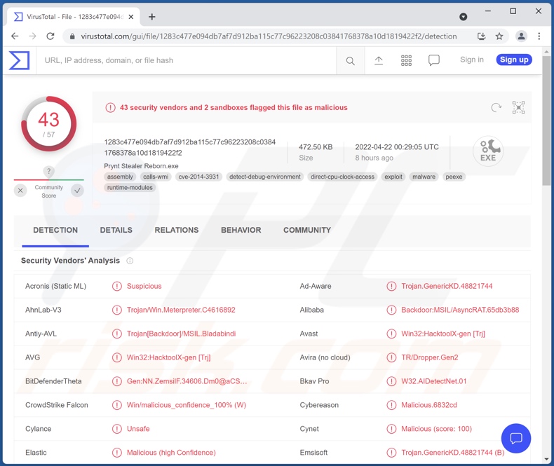 Détections de logiciels malveillants Prynt Stealer sur VirusTotal