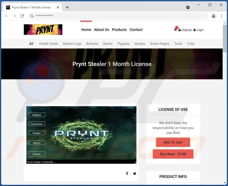 Site Web de promotion du logiciel malveillant Prynt Stealer