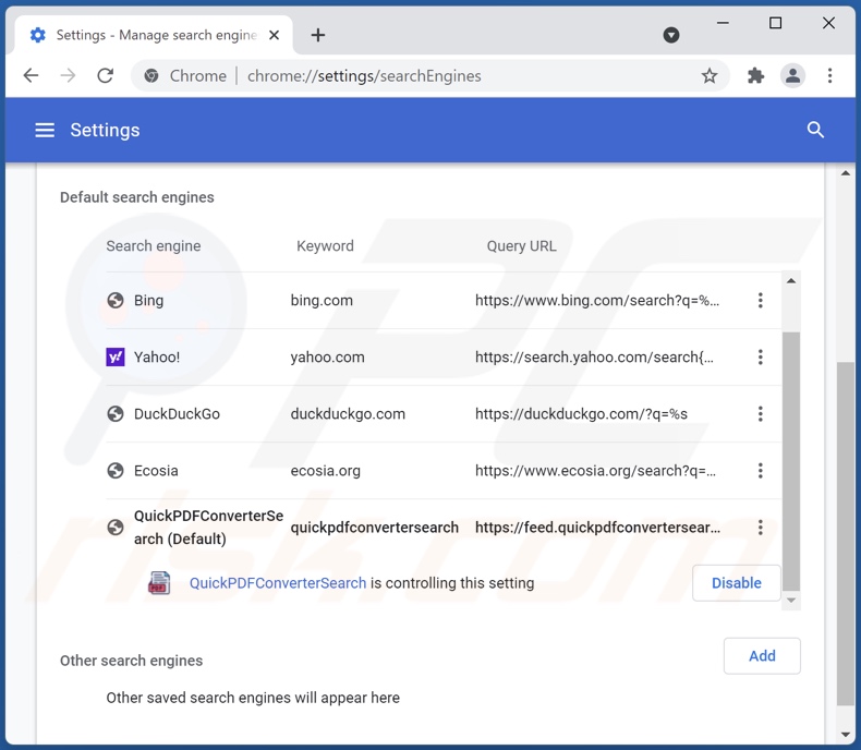Suppression de quickpdfconvertersearch.com du moteur de recherche par défaut de Google Chrome