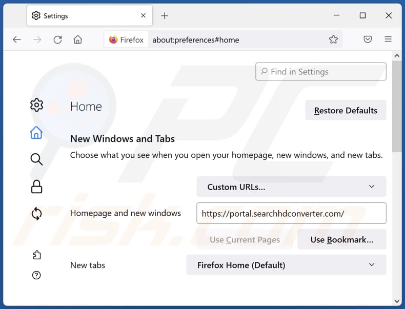 Suppression de searchhdconverter.com de la page d'accueil de Mozilla Firefox