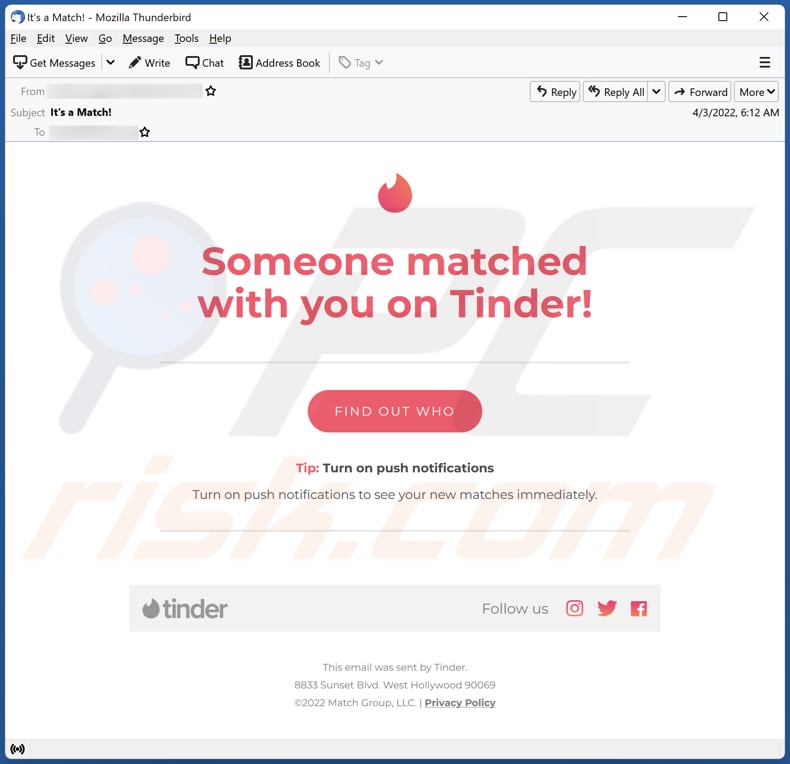 Quelqu'un s'est mis en relation avec vous sur Tinder !  arnaque par e-mail