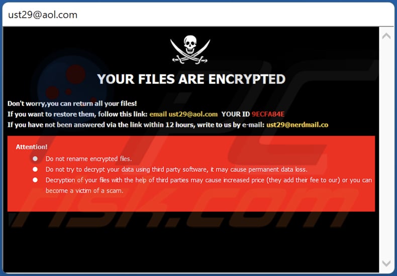 Fenêtre contextuelle de note de rançon Ust29 ransomware