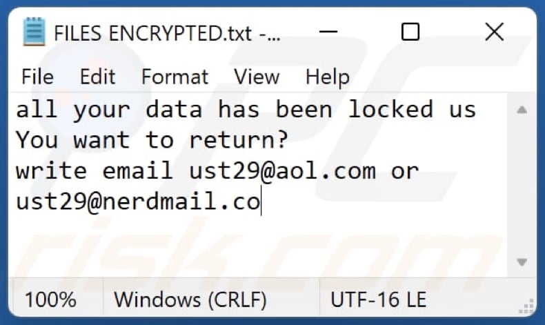 Note de rançon Ust29 ransomware (FILES ENCRYPTED.txt)
