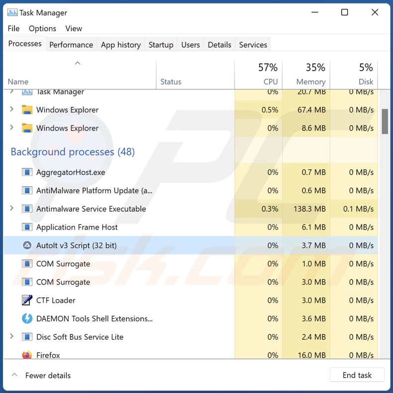 3ex2bjt2aiqdjkpafeuwmbb4t6mhml384p malware clipper s'exécutant en tant que script autolt v3 dans le gestionnaire de tâches