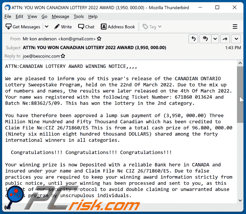 canadian lottery apparition d'une escroquerie par courrier électronique