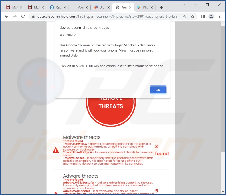 Chrome est infecté par Trojan:SLocker scam faux résultats d'analyse et pop-up