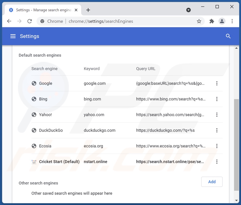 Suppression de search.nstart.online du moteur de recherche par défaut de Google Chrome