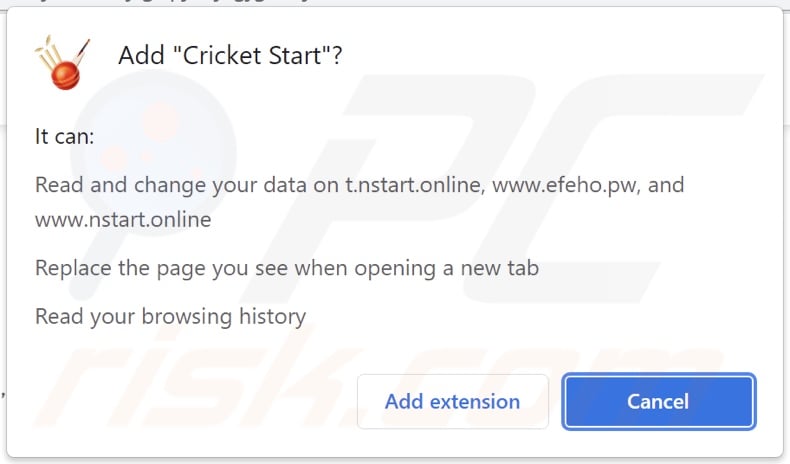 Cricket Start pirate de navigateur demandant des autorisations
